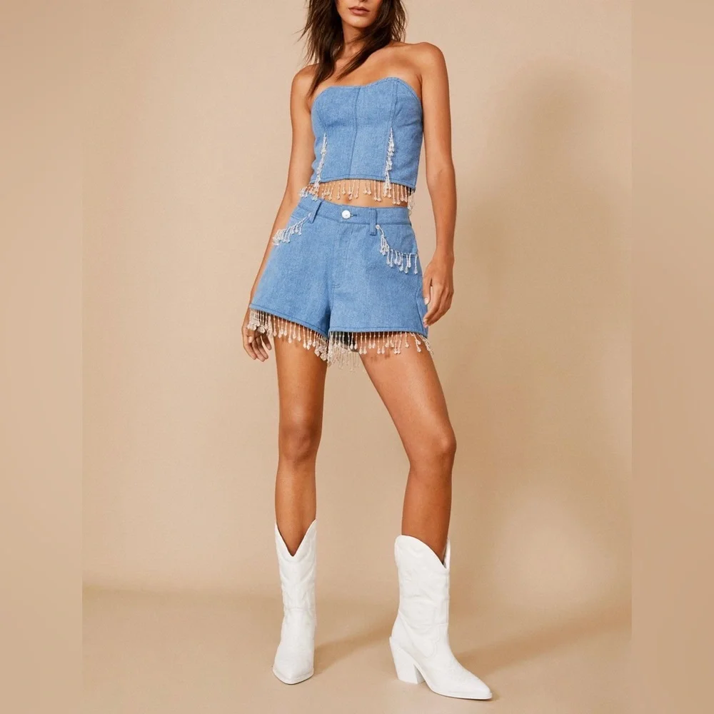 Nasty Gal Premium Chandelier Embellished Denim Bustier Top - Picture 2 of 7